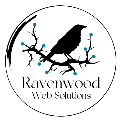 Ravenwood Web Solutions logo. a raven silhouette perched on a branch with company name below.