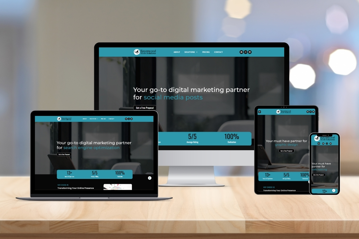 responsive web design concept featuring laptop, desktop, tablet, and smartphone.