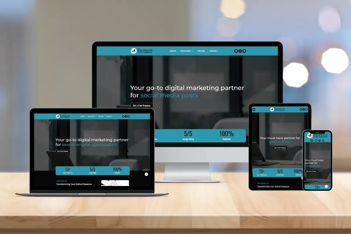 responsive web design concept featuring laptop, desktop, tablet, and smartphone.