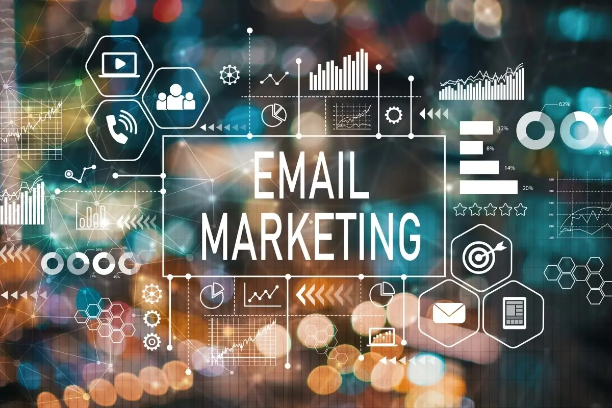 Email marketing concept graphic with icons and blur background.