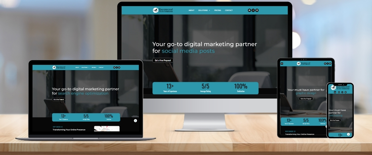 responsive web design concept featuring laptop, desktop, tablet, and smartphone.