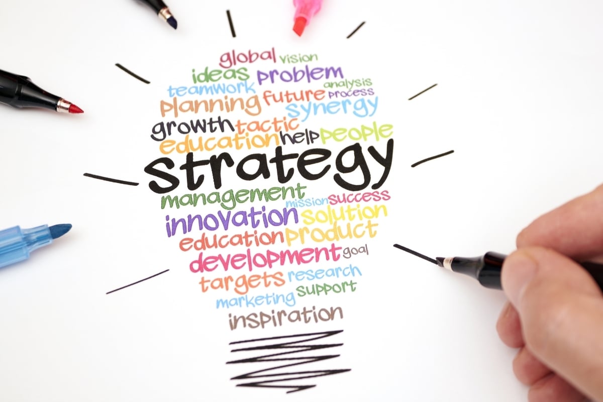 strategy, marketing graphic creating a light bulb using words.