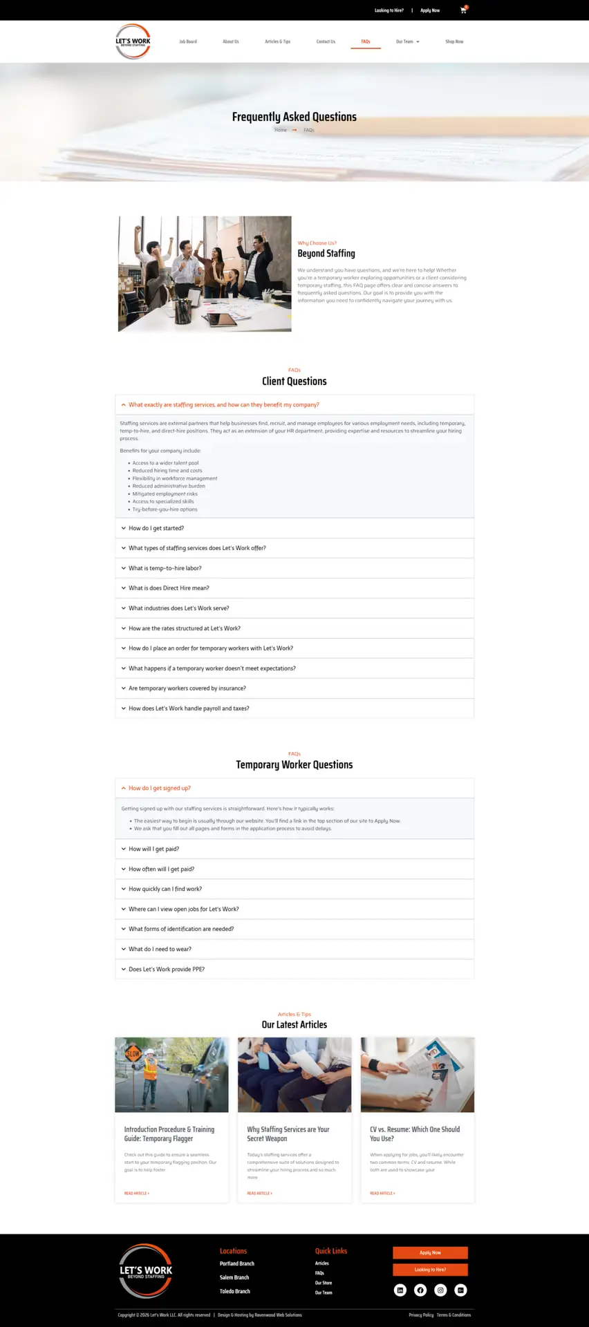 Lets Work LLC website FAQs page