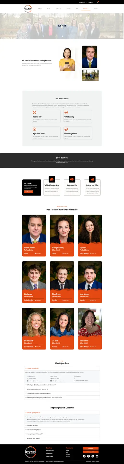 Lets Work LLC website team profile page